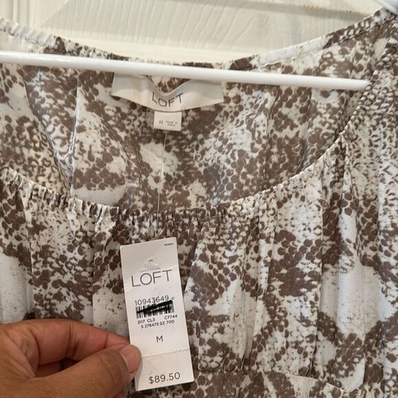 NWT Loft Neutral Boho Reptile Snake Print Drawstring Ruched Peasant Dress-size M - Picture 7 of 8